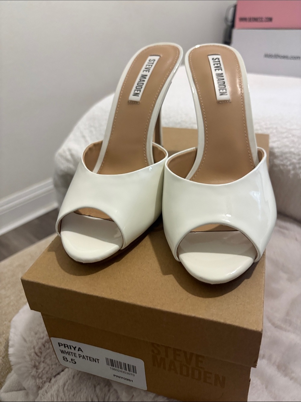 Steve Madden White Patent Open-Toe Mule Heels
